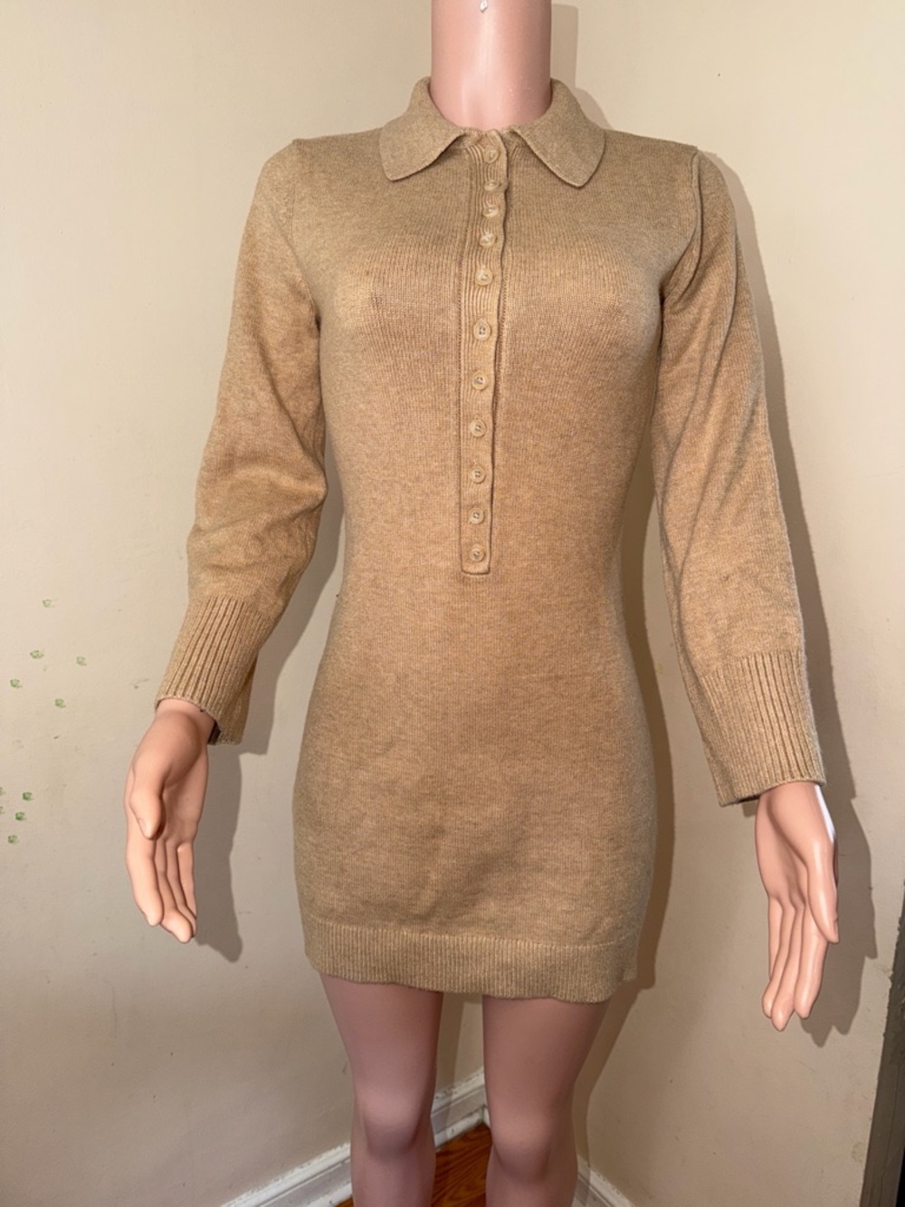 a new day Beige Button-Front Collared Knit Mini Dress